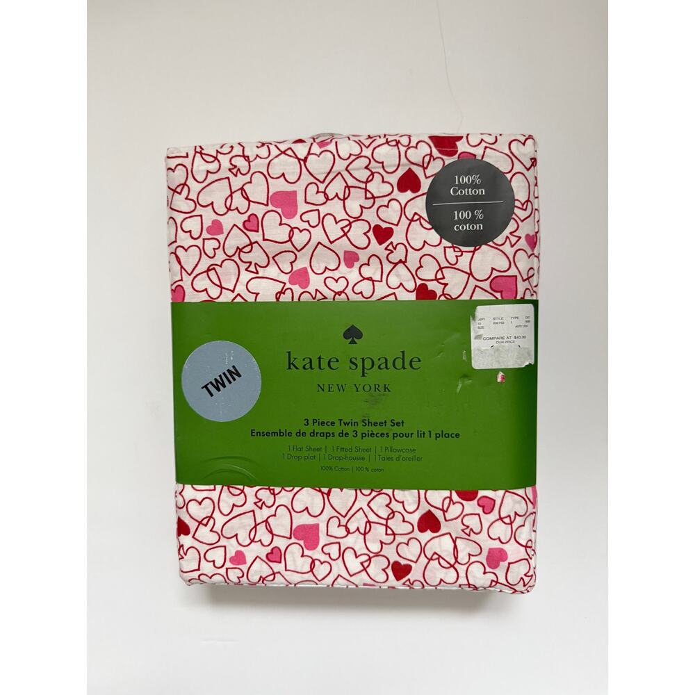 Kate Spade White Pink Red Heart Bed Sheets Cotton Twin 3 Piece Valentine's